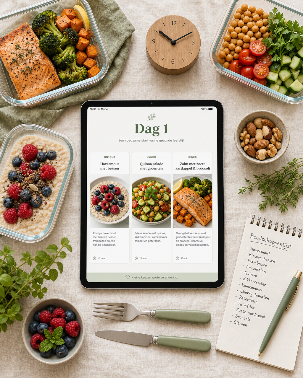 Ebook op een tablet met Dag 1 menu, omringd door meal-prep containers, boodschappenlijst en een klok