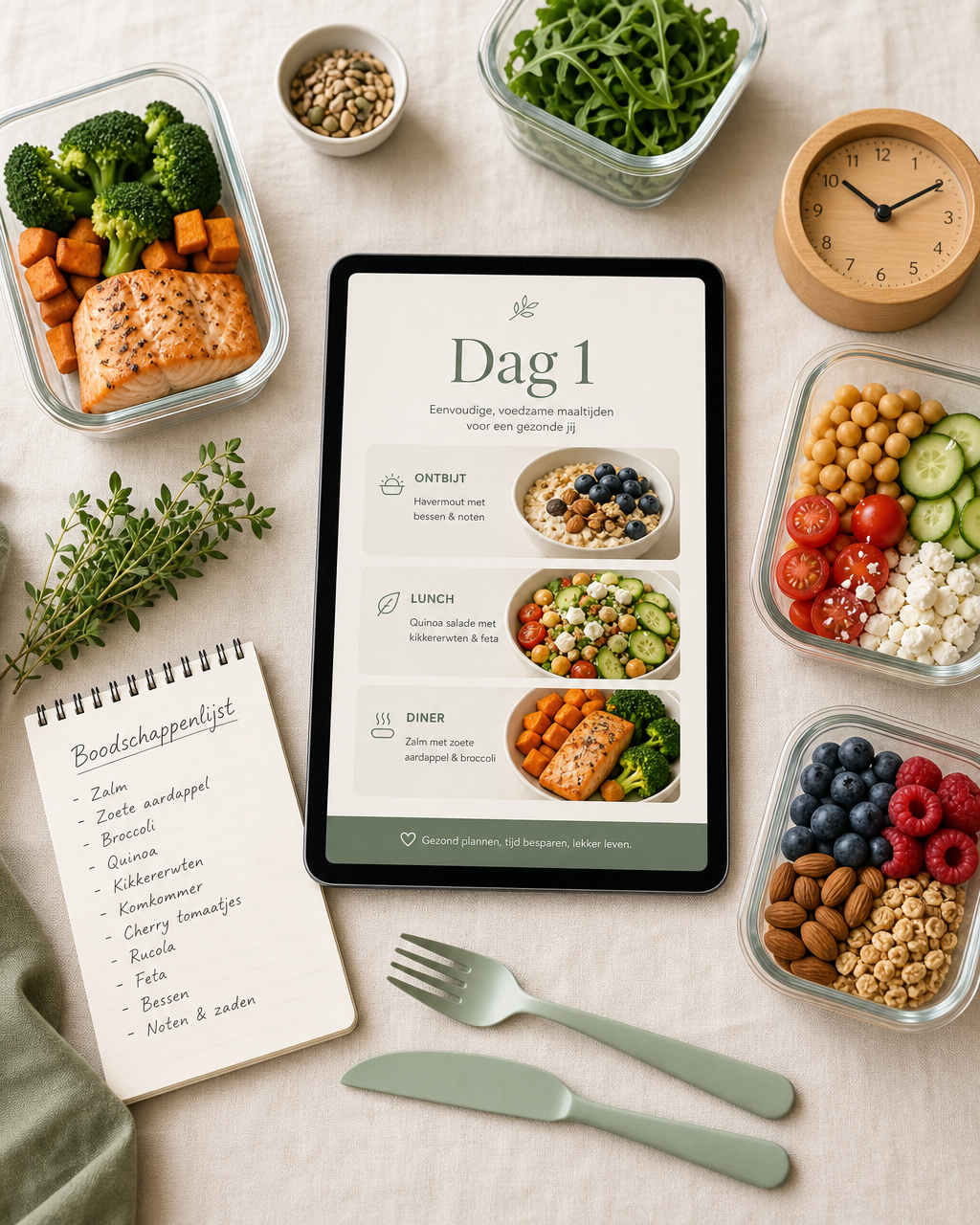 Ebook op een tablet met Dag 1 menu, omringd door meal-prep containers, boodschappenlijst en een klok